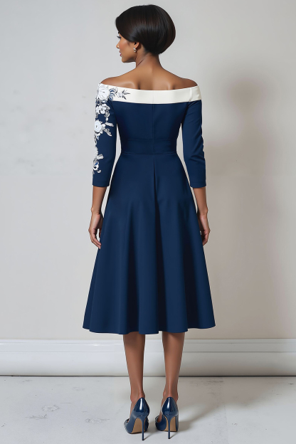 Navy A Line Floral Midi Mother of the Bride Dress with Sleeves