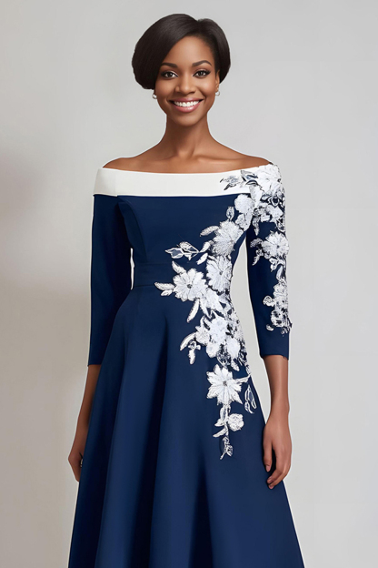 Navy A Line Floral Midi Mother of the Bride Dress with Sleeves