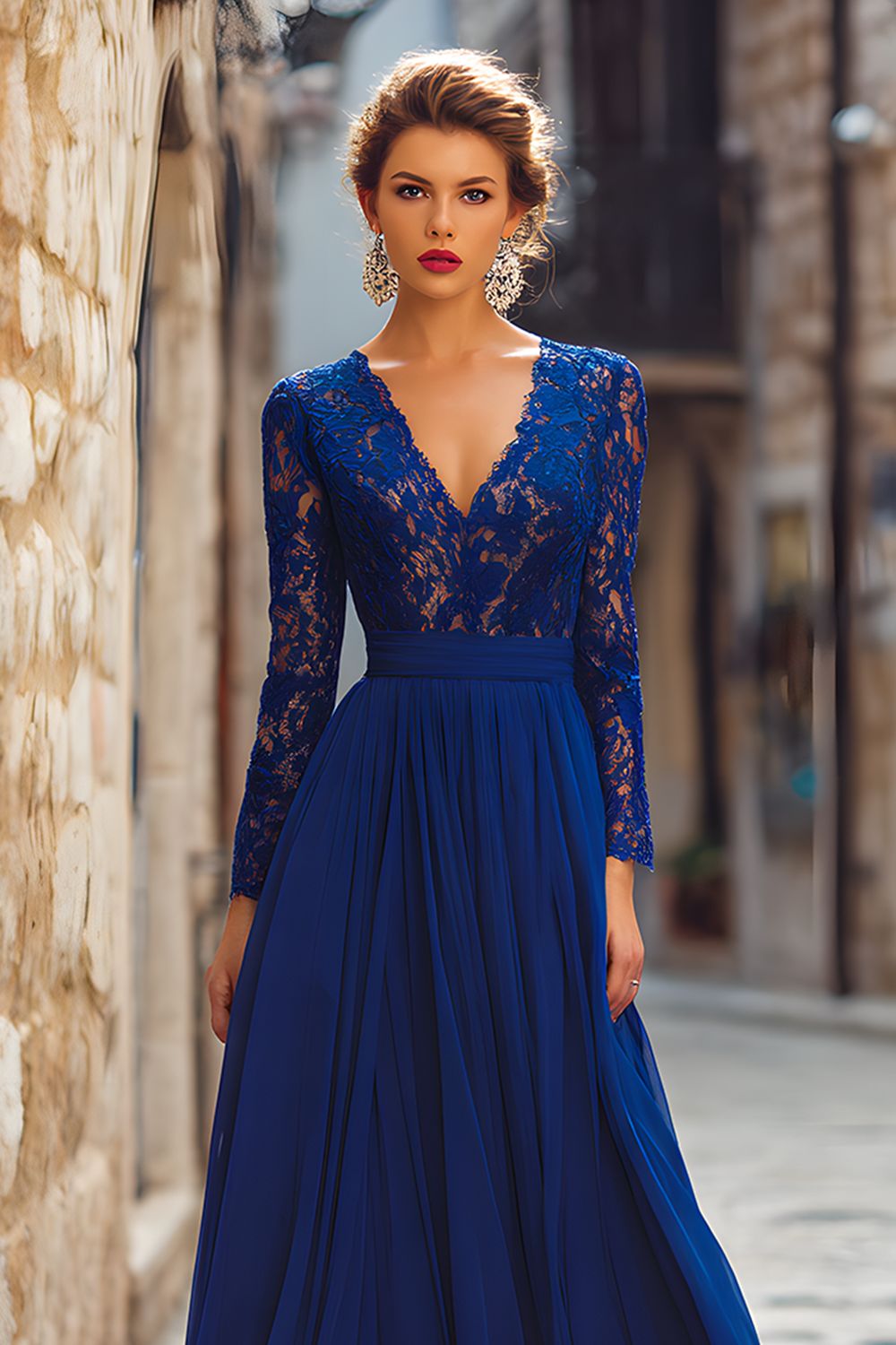 Leely Women Dark Blue Long Chiffon Mother of the Bride Dress with Lace  V-Neck A Line Long Sleeves Wedding Guest Dress