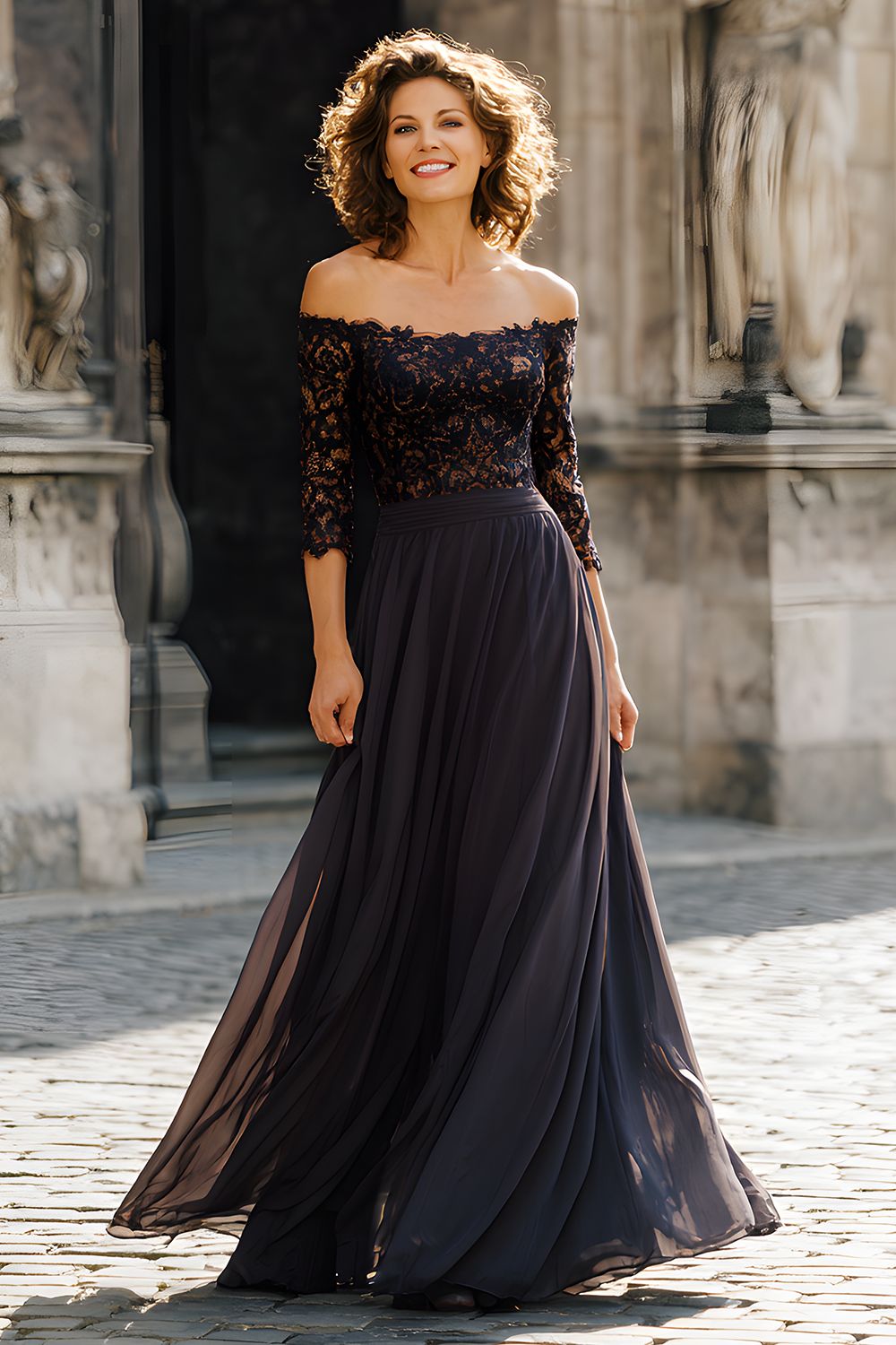 black chiffon wedding dress Black Long A-line V-neck Lacy Chiffon Dress with Sleeves for the Elega –  Newinlook main image 1