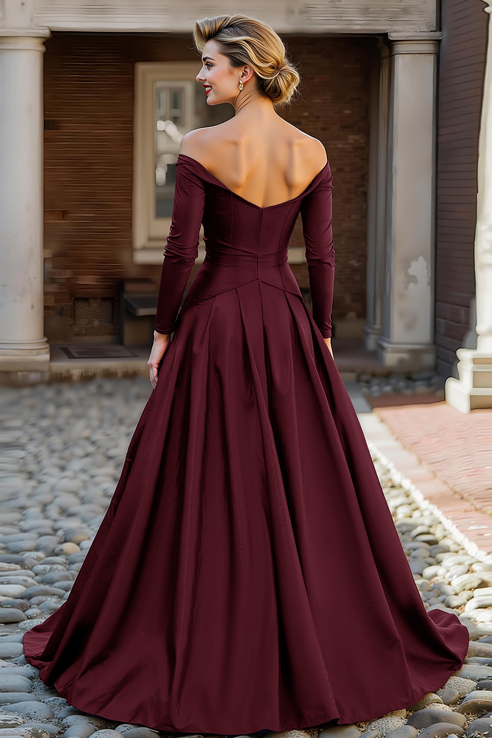 Plum A Line Off the Shoulder Long Mother of the Bride Dress with Sleeves