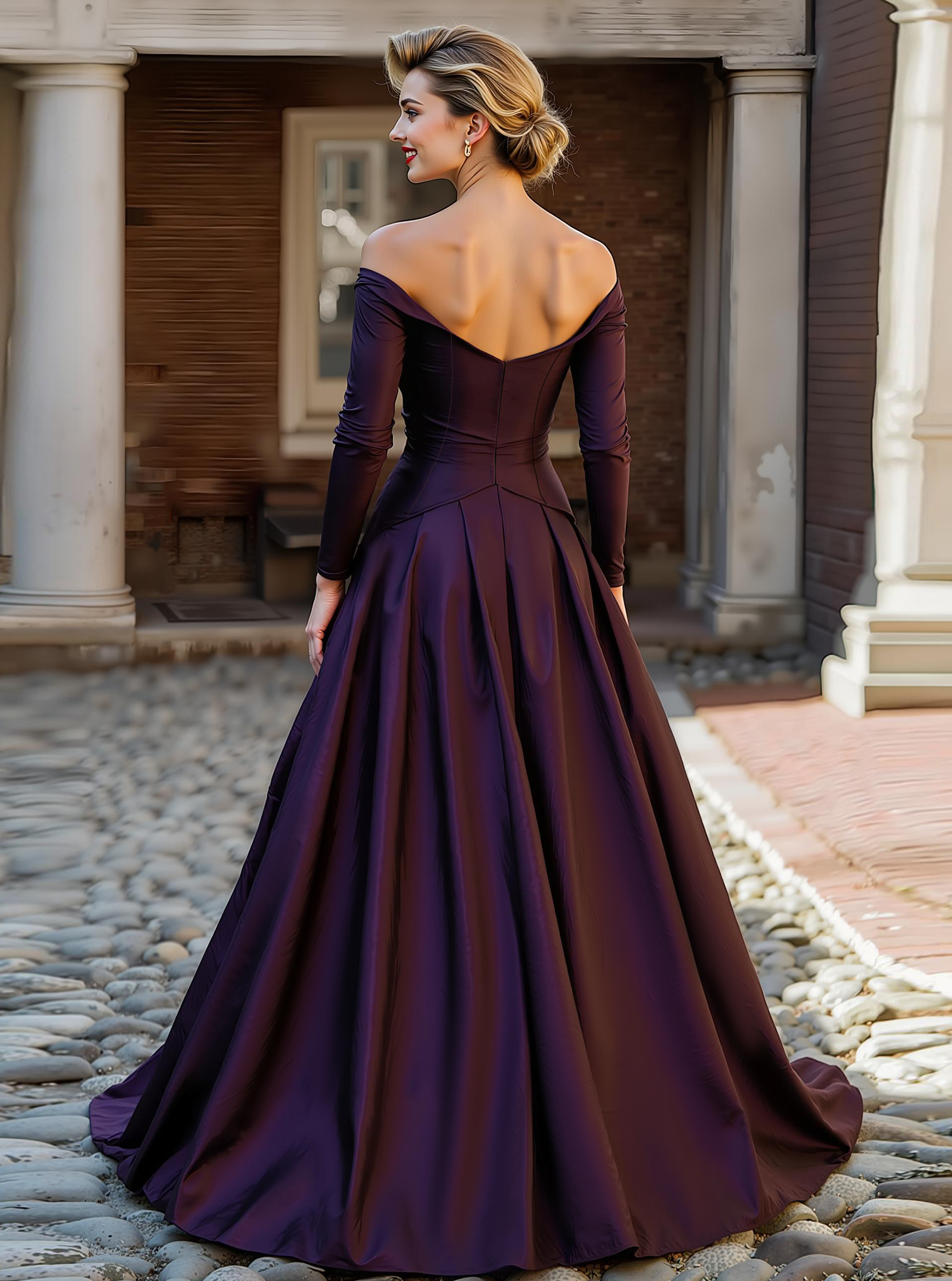 Plum A Line Off the Shoulder Long Mother of the Bride Dress with Sleeves