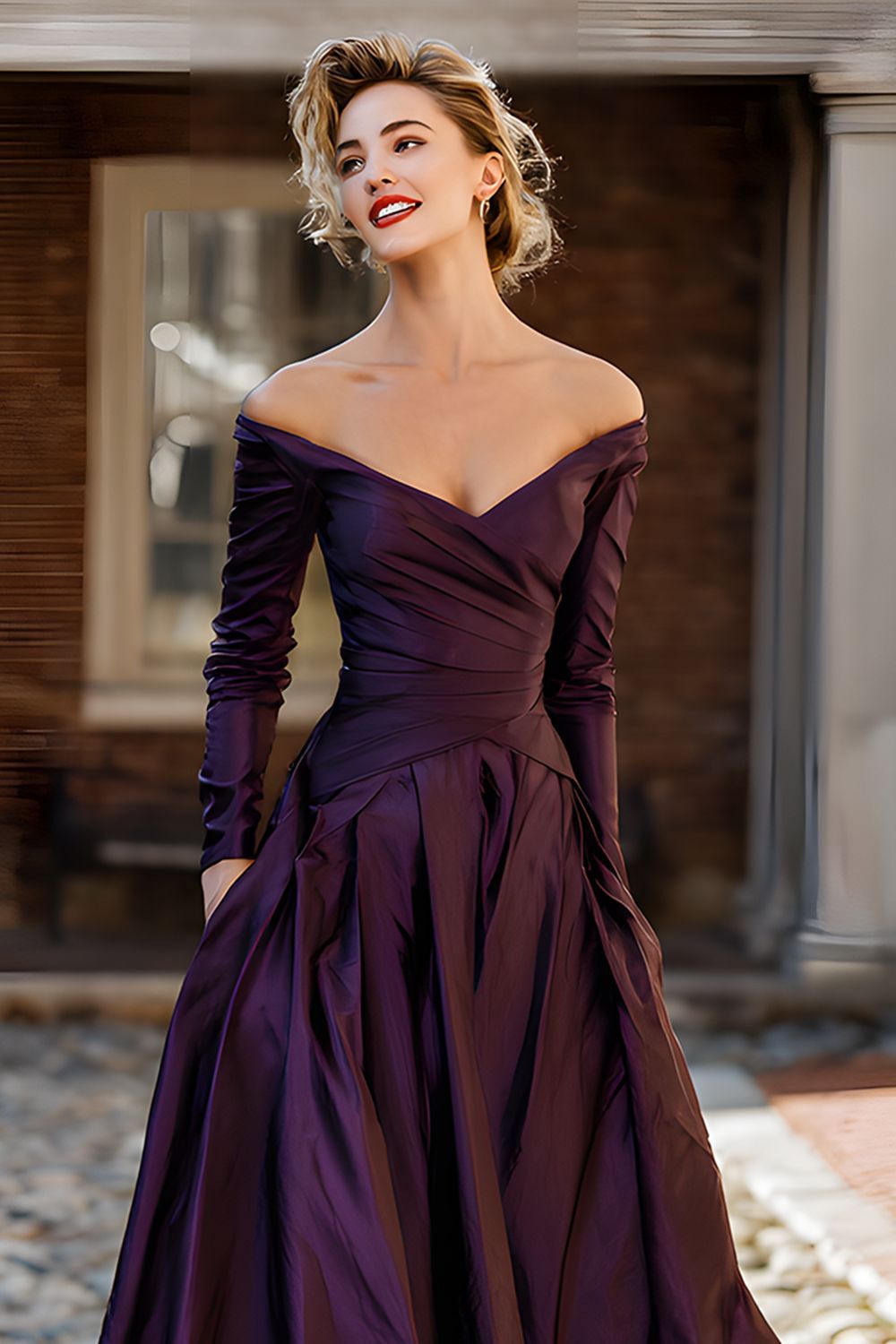 Plum A Line Off the Shoulder Long Mother of the Bride Dress with Sleeves