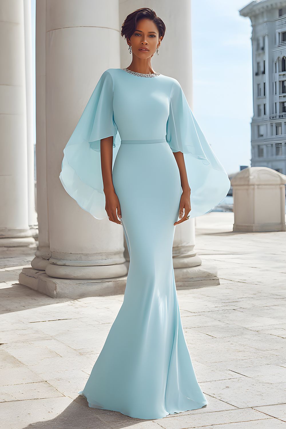 Leely Women Light Blue Long Chiffon Mother of the Bride Dress Cap Sleeves Mermaid Round Neck Wedding Guest Dress