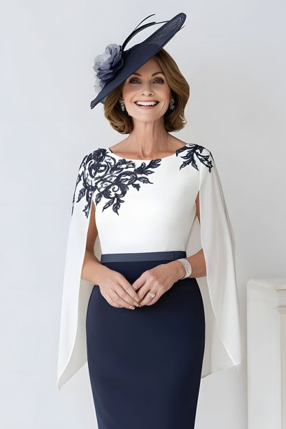 Navy Satin Scoop Neck Midi Mother of the Bride Dress with Sleeves