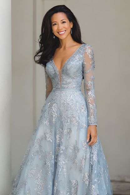 Blue and Silver V-Neck A Line Long Lace Mother of the Bride Dress with Sleeves