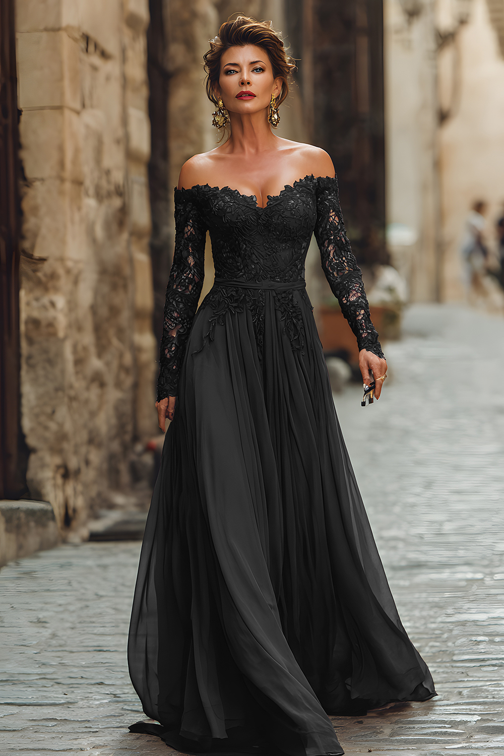 Cabernet Chiffon A Line Maxi Mother of the Bride Dress with Lace
