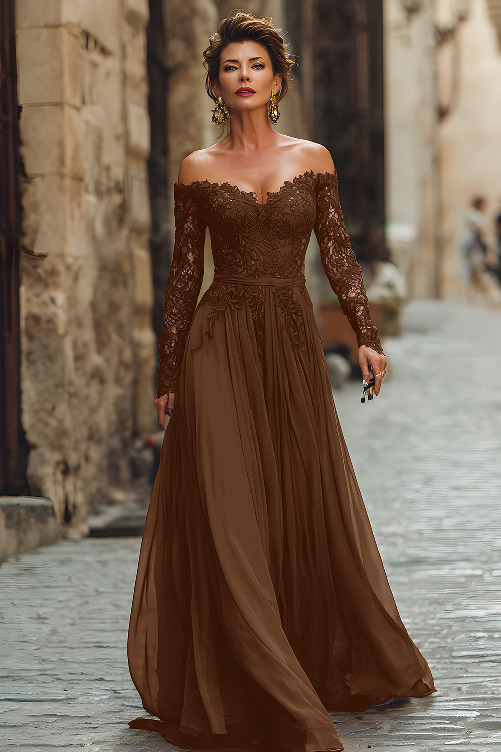 Cabernet Chiffon A Line Maxi Mother of the Bride Dress with Lace