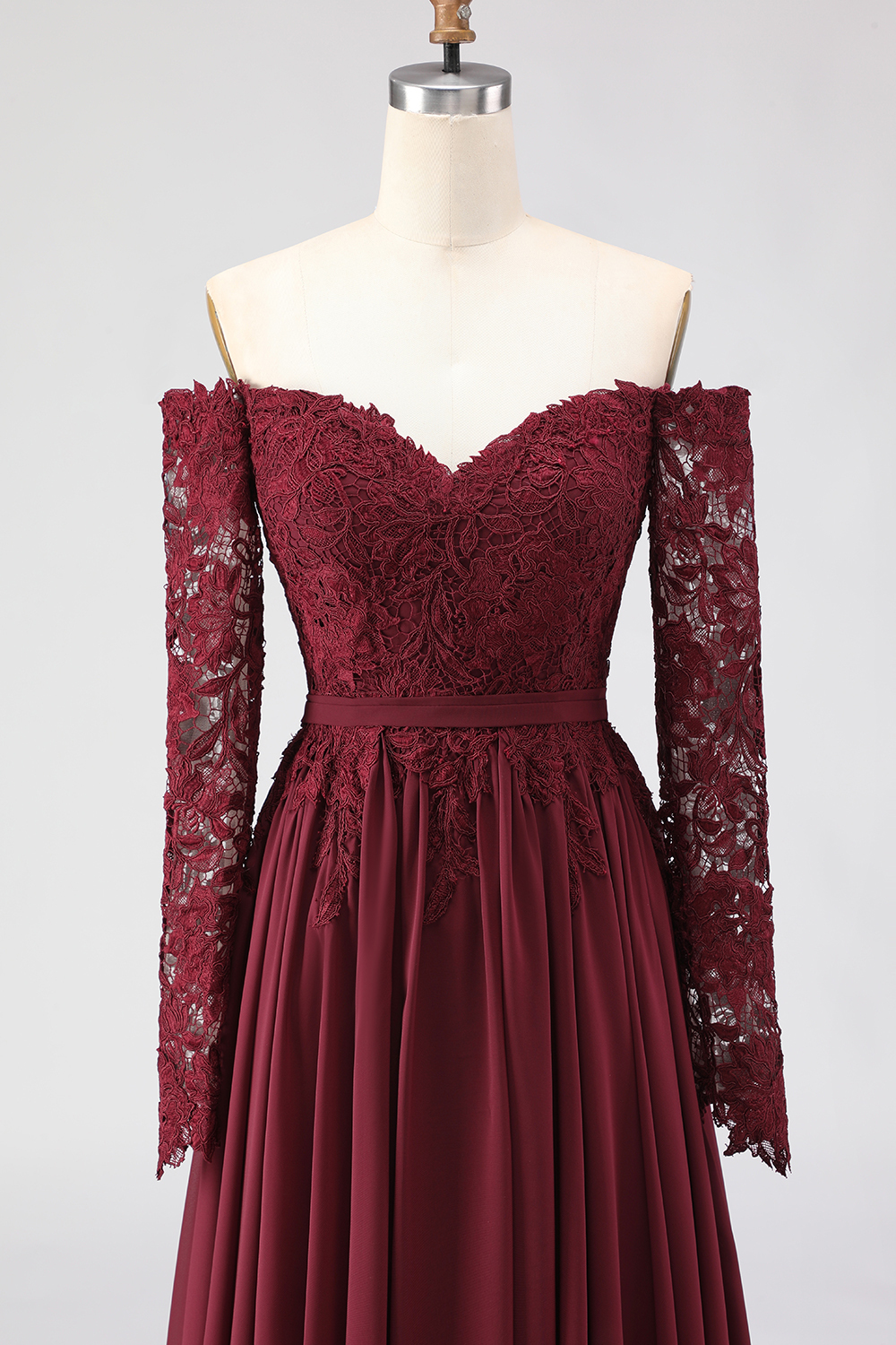 Cabernet A Line Chiffon Long Mother of the Bride Dress with Lace