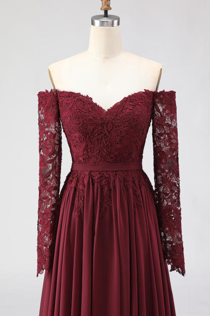 Cabernet A Line Chiffon Long Mother of the Bride Dress with Lace