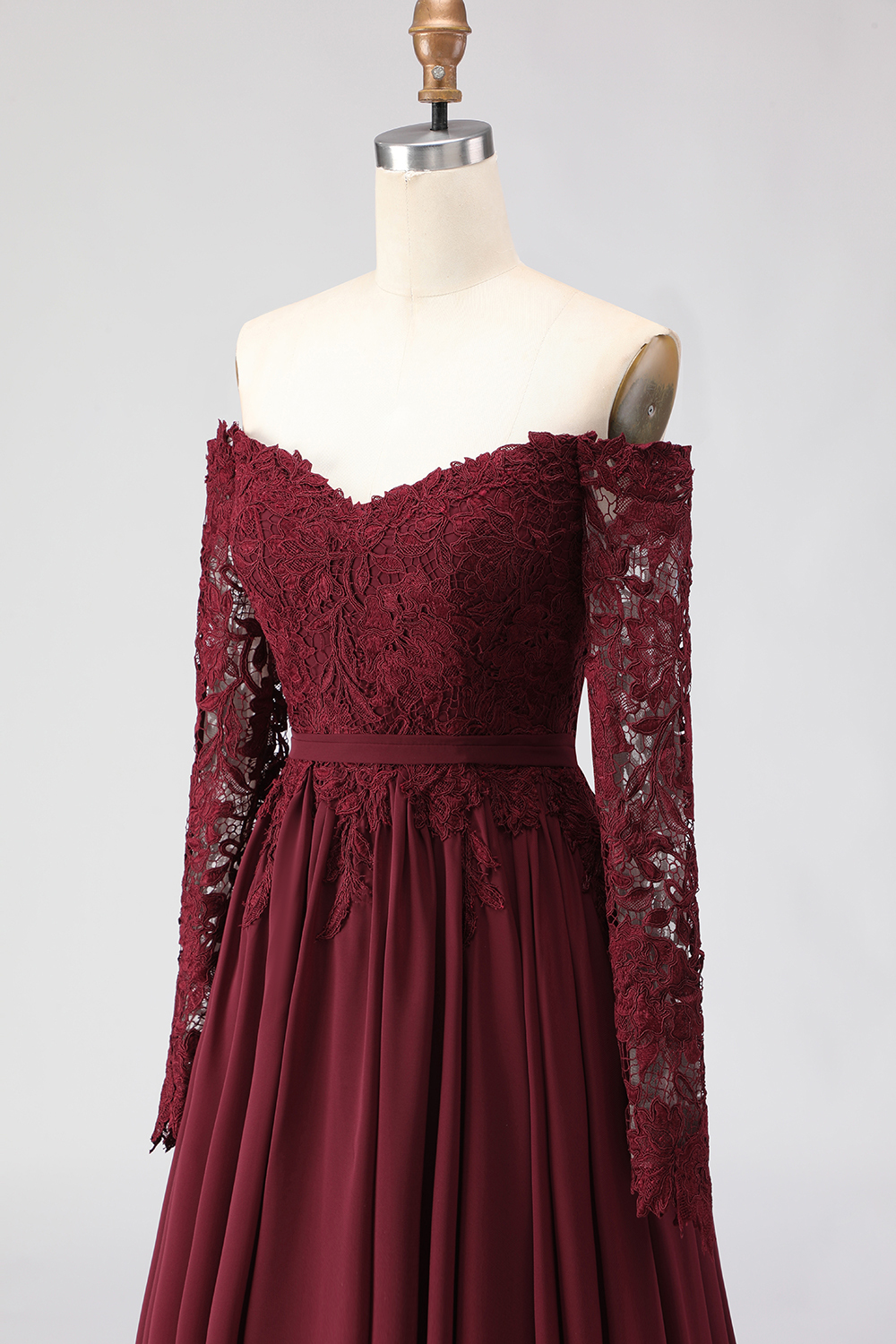 Cabernet A Line Chiffon Long Mother of the Bride Dress with Lace