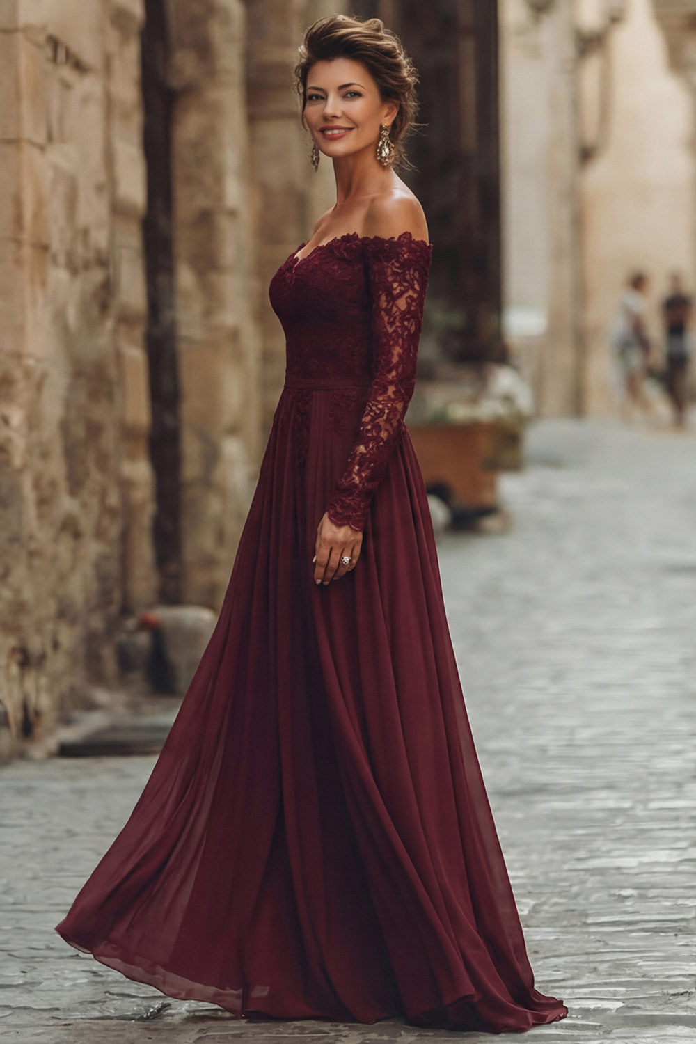 Cabernet A Line Chiffon Long Mother of the Bride Dress with Lace