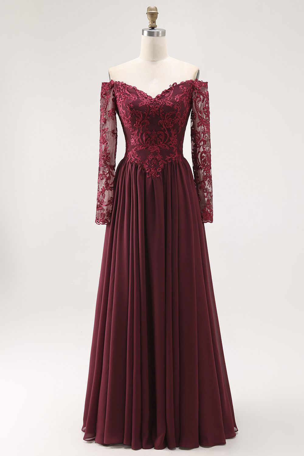 Cabernet A Line Chiffon Long Mother of the Bride Dress with Sleeves