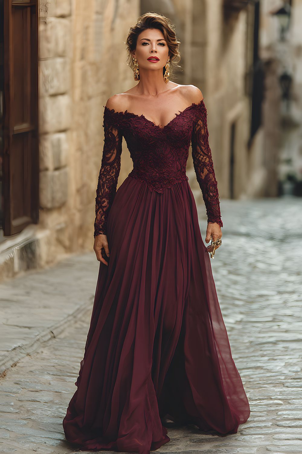 Cabernet A Line Chiffon Long Mother of the Bride Dress with Sleeves