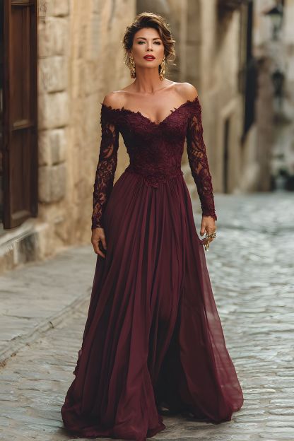Leely Women Cabernet Long Chiffon Mother of the Bride Dress with Lace Off the Shoulder A Line Long Sleeves Wedding Guest Dress