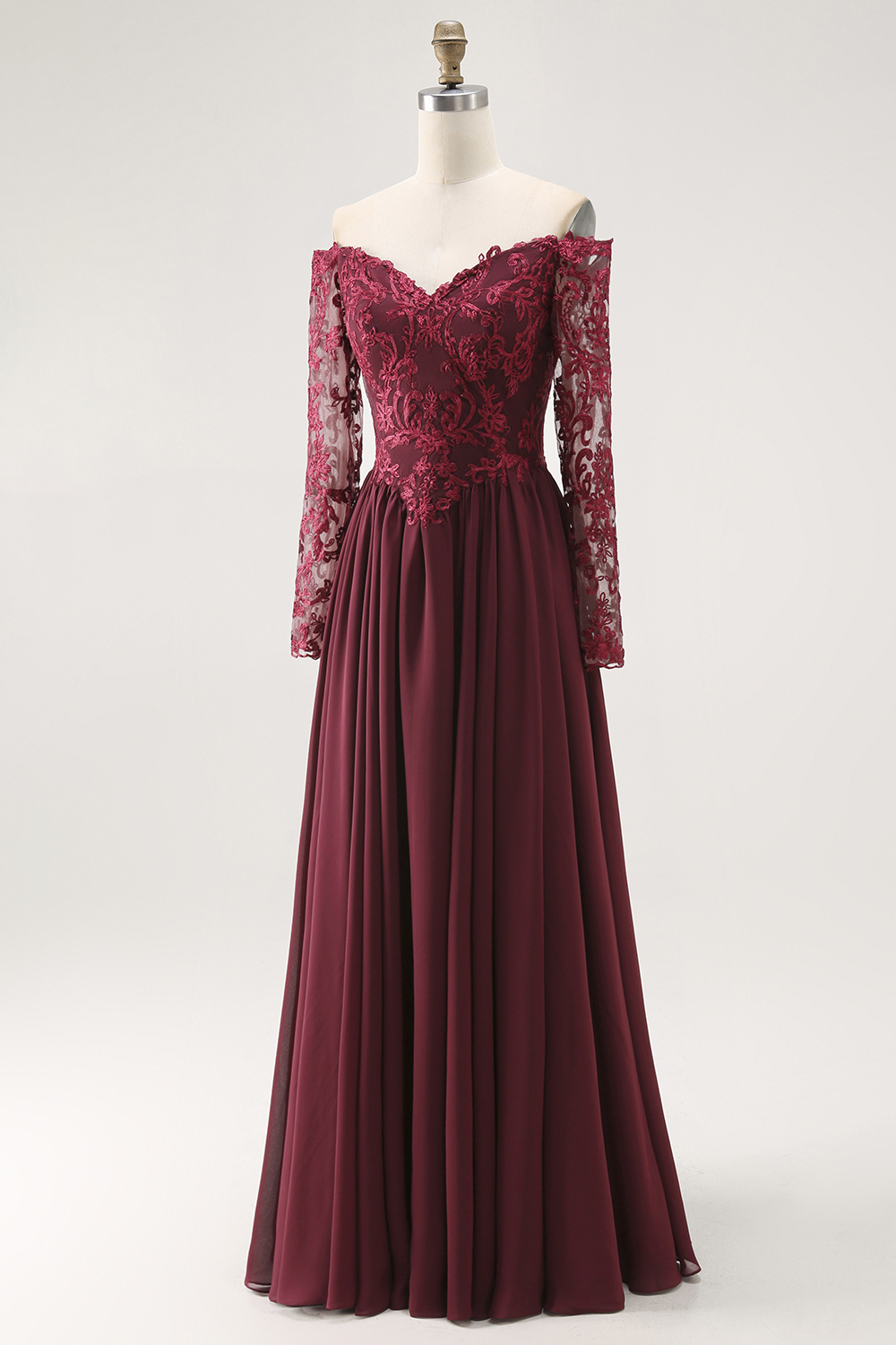 Cabernet A Line Chiffon Long Mother of the Bride Dress with Lace