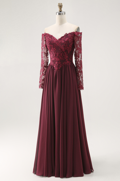Cabernet A Line Chiffon Long Mother of the Bride Dress with Lace