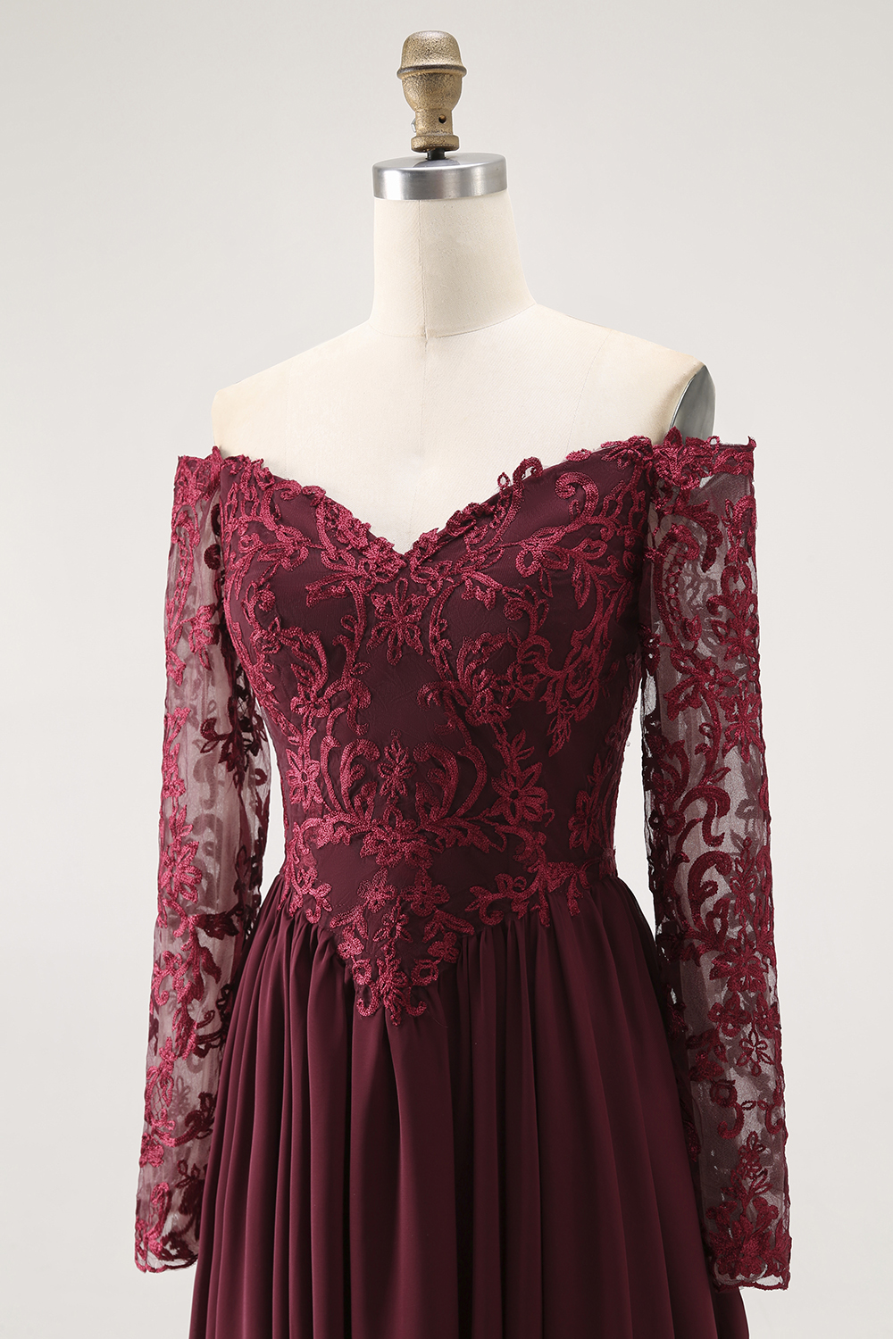 Cabernet A Line Chiffon Long Mother of the Bride Dress with Lace