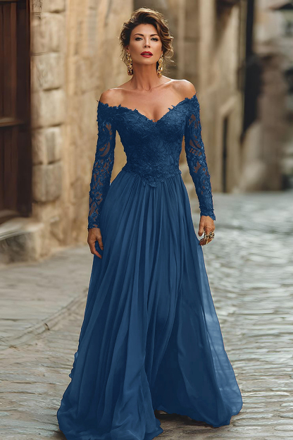 Cabernet A Line Chiffon Long Mother of the Bride Dress with Sleeves