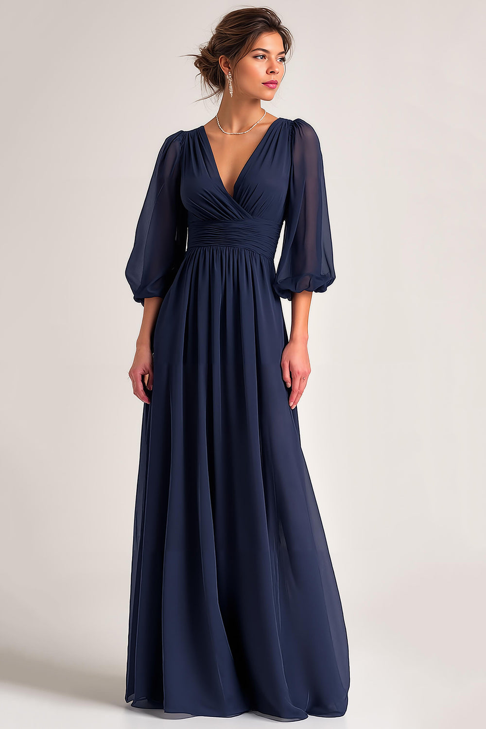 Leely Women Navy Long Chiffon Mother of the Bride Dress with Sleeves V-Neck A Line Wedding Guest Dress