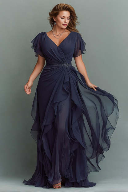 Leely Women Navy Chiffon Maxi Mother of the Bride Dress with Ruffles Ruched A Line V-Neck Wedding Guest Dress