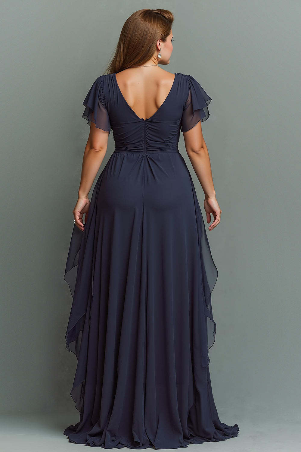 Navy Chiffon V-Neck Ruched Maxi Mother of the Bride Dress with Ruffles