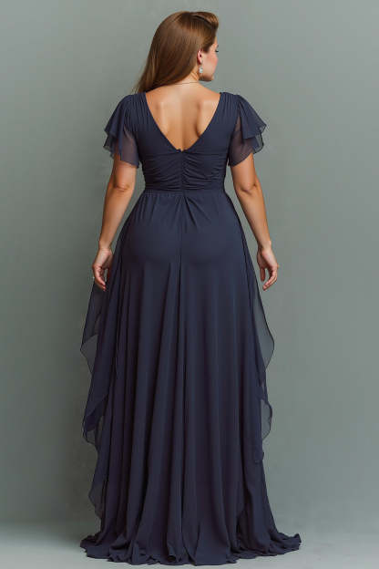 Navy Chiffon V-Neck Ruched Maxi Mother of the Bride Dress with Ruffles