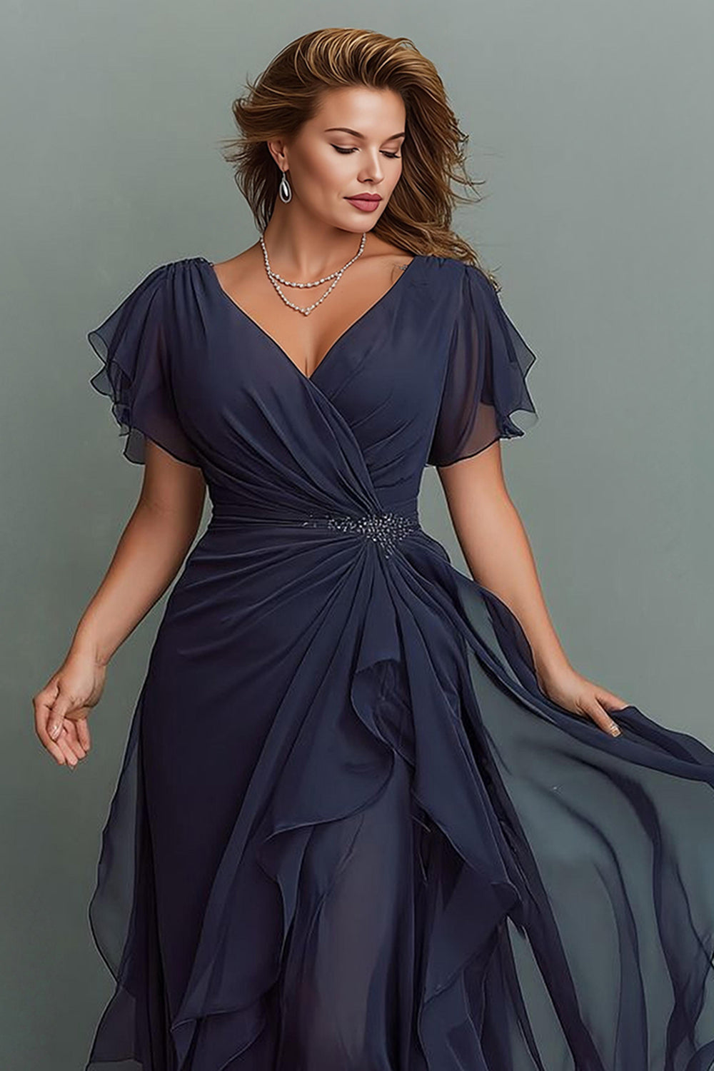 Navy Chiffon V-Neck Ruched Maxi Mother of the Bride Dress with Ruffles