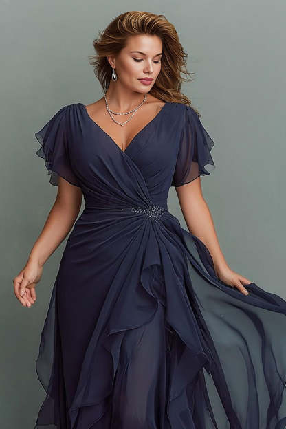 Navy Chiffon V-Neck Ruched Maxi Mother of the Bride Dress with Ruffles