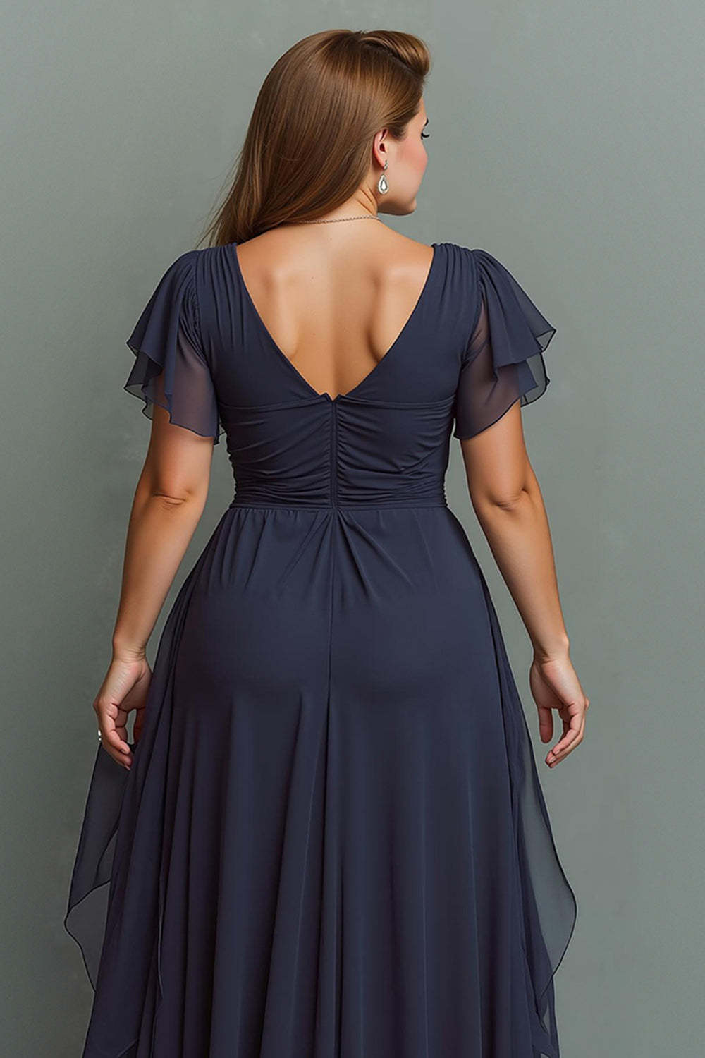 Navy Chiffon V-Neck Ruched Maxi Mother of the Bride Dress with Ruffles