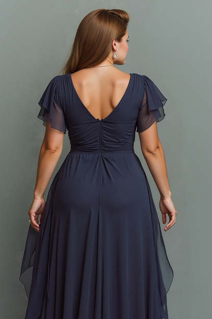 Navy Chiffon V-Neck Ruched Maxi Mother of the Bride Dress with Ruffles