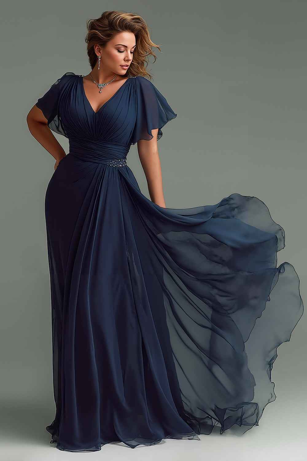 Navy V-Neck Chiffon Short Sleeves Long Mother of the Bride Dress
