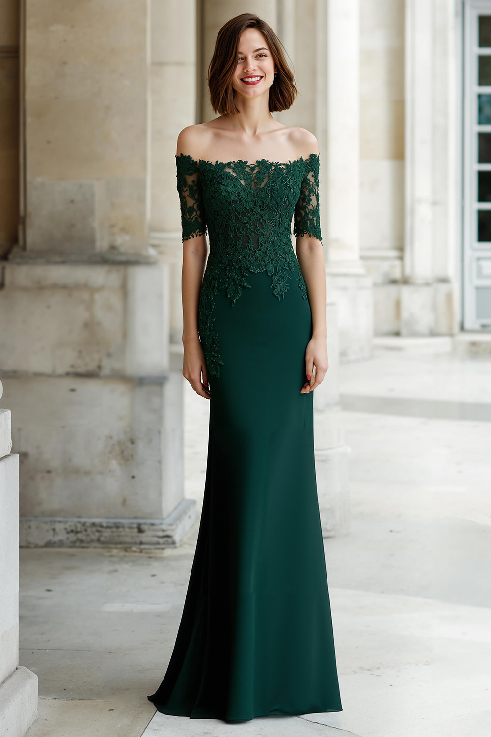 Leely Women Pine Green Mermaid Chiffon Maxi Mother of the Bride Dress with Appliques Off the Shoulder Short Sleeves Wedding Guest Dress