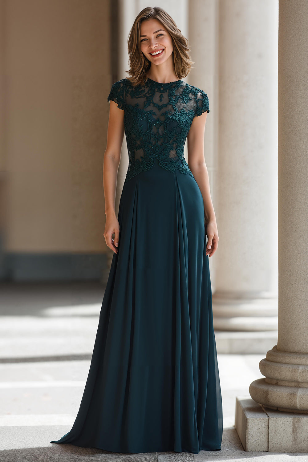 Leely Women Peacock Green A-Line Chiffon Long Mother of the Bride Dress with Appliques Round Neck Cap Sleeves Wedding Guest Dress