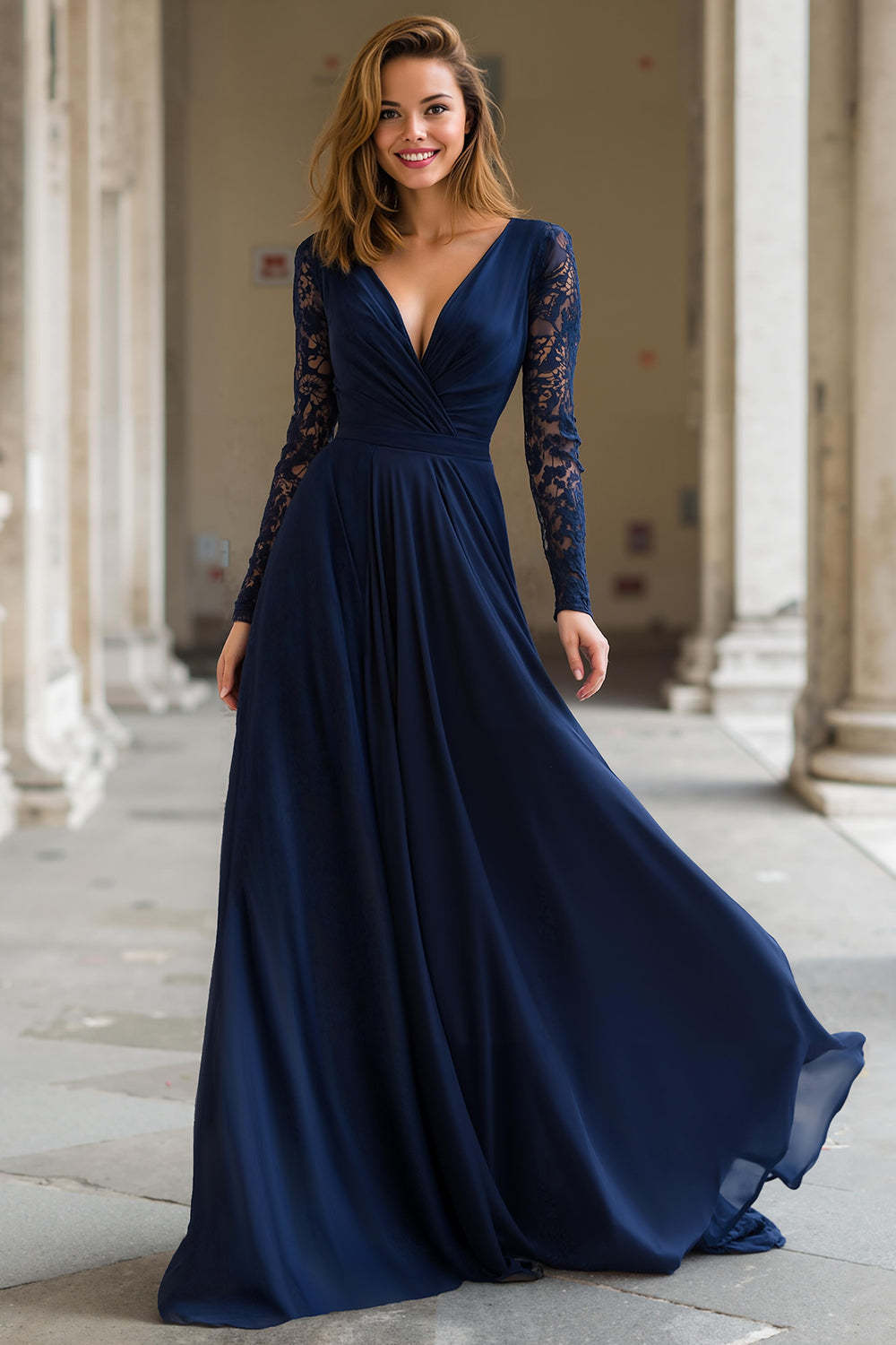Leely Women Navy Chiffon A-Line Maxi Mother of the Bride Dress with Lace V-Neck Long Sleeves Wedding Guest Dress