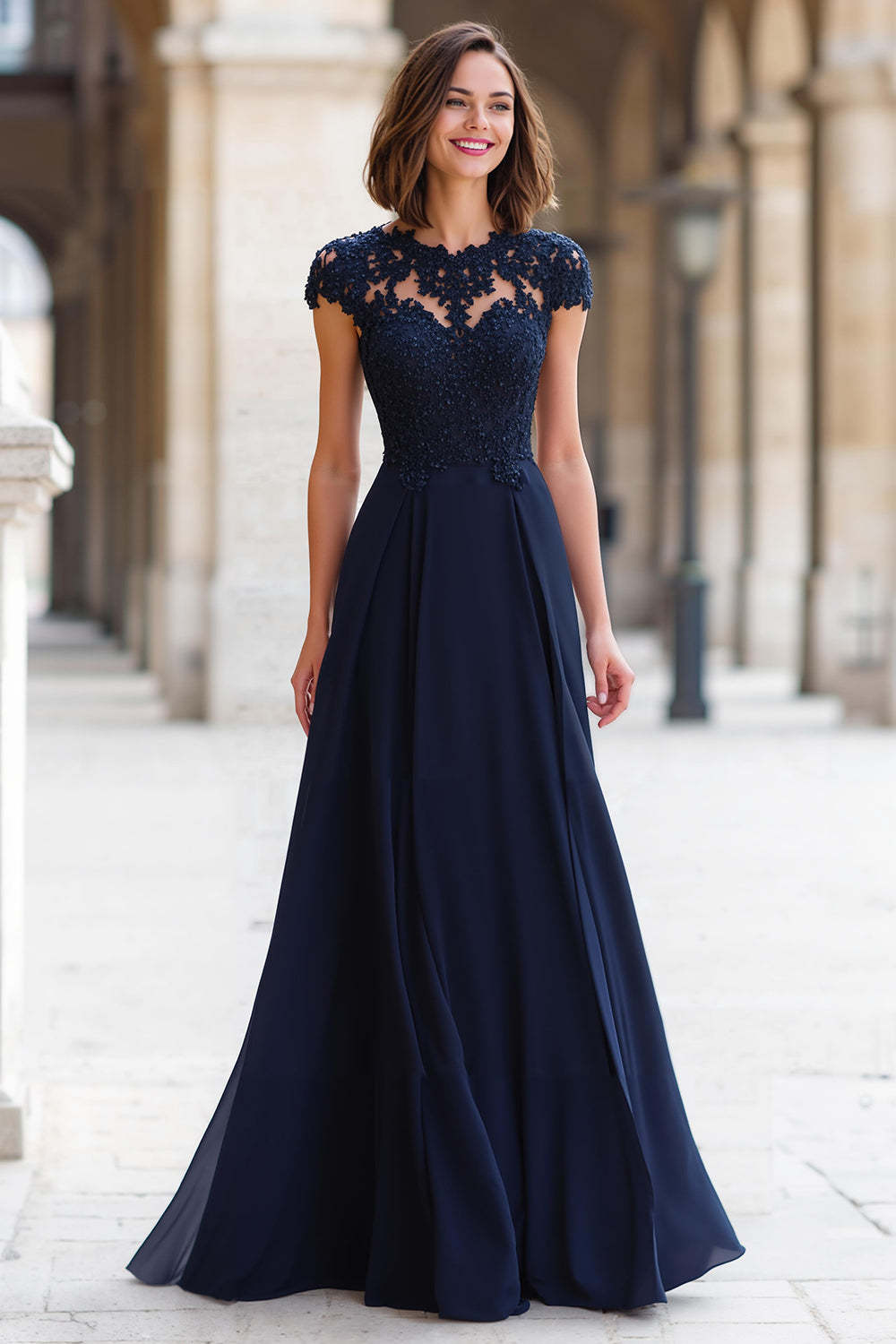 Leely Women Navy A-Line Long Chiffon Mother of the Bride Dress with Appliques Round Neck Cap Sleeves Wedding Guest Dress