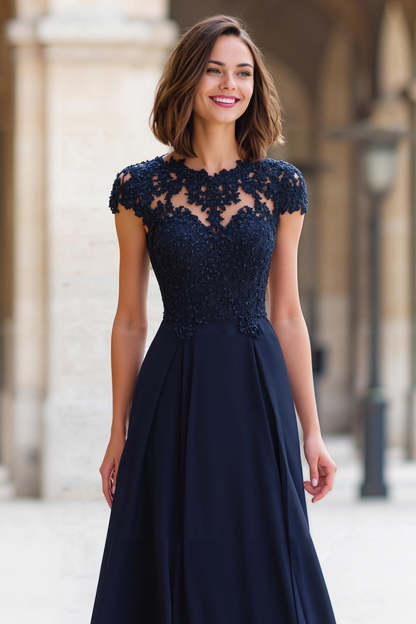 Navy A-Line Chiffon Round Neck Long Mother of the Bride Dress with Appliques
