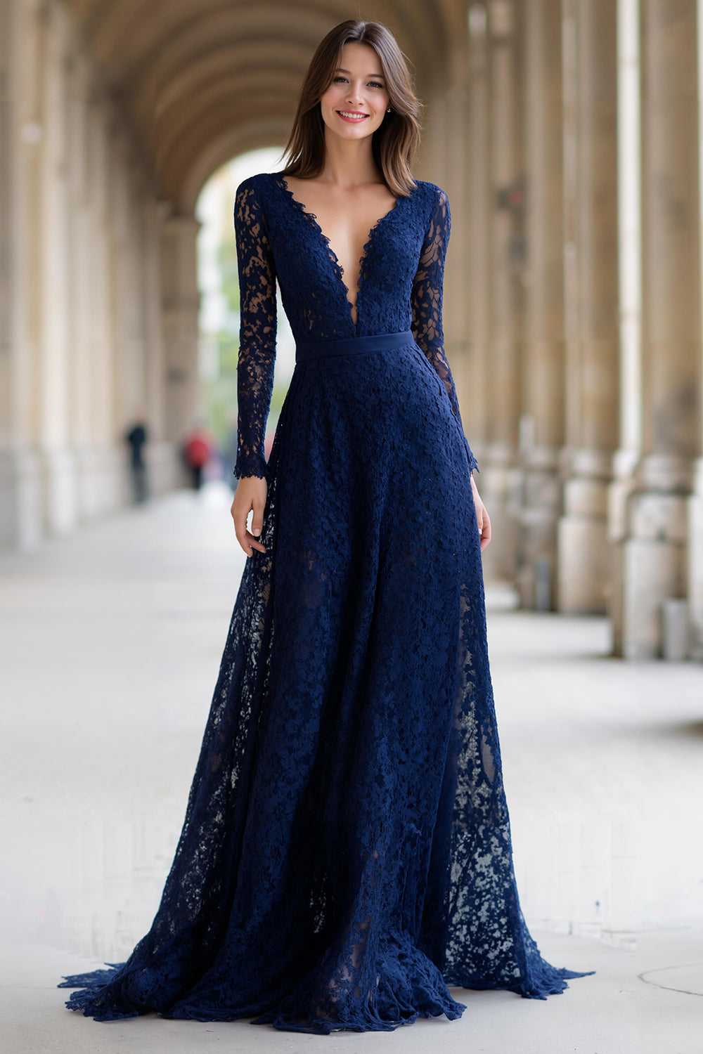 Leely Women Navy A-Line Lace Maxi Mother of the Bride Dress V-Neck Long Sleeves Wedding Guest Dress