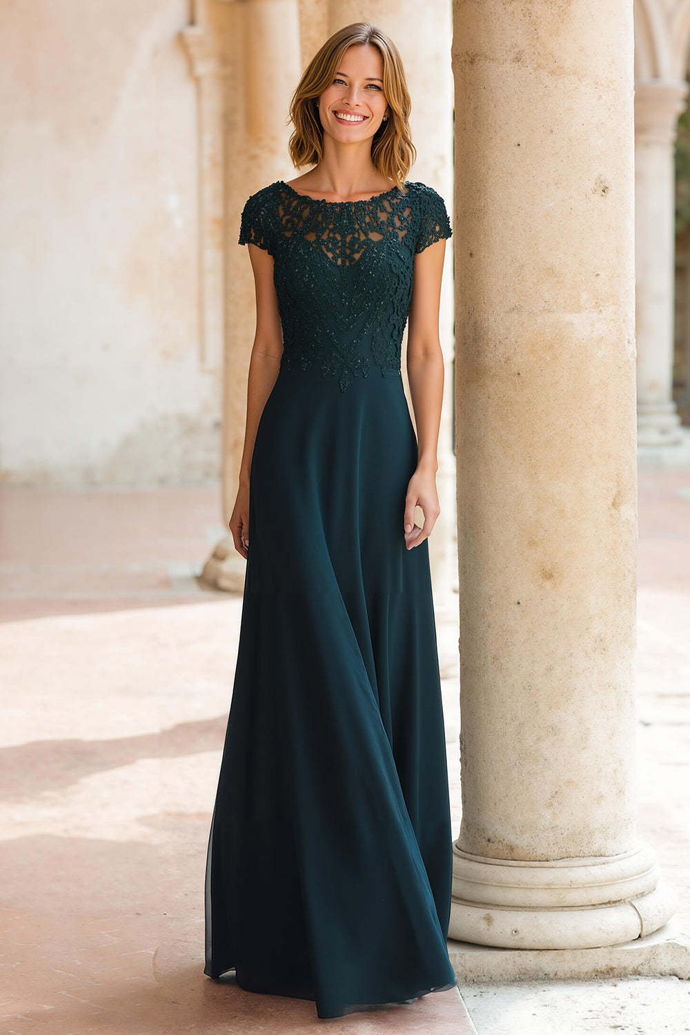 Leely Women Peacock Green A-Line Chiffon Long Mother of the Bride Dress with Lace Round Neck Cap Sleeves Wedding Guest Dress