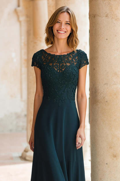Peacock Green A-Line Round Neck Chiffon Long Mother of the Bride Dress with Sleeves