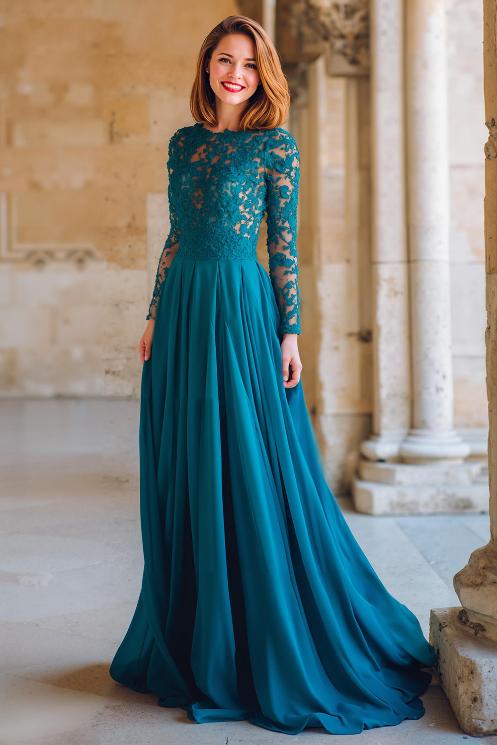 Leely Women Peacock Blue A-Line Chiffon Long Mother of the Bride Dress with Lace Round Neck Long Sleeves Wedding Guest Dress