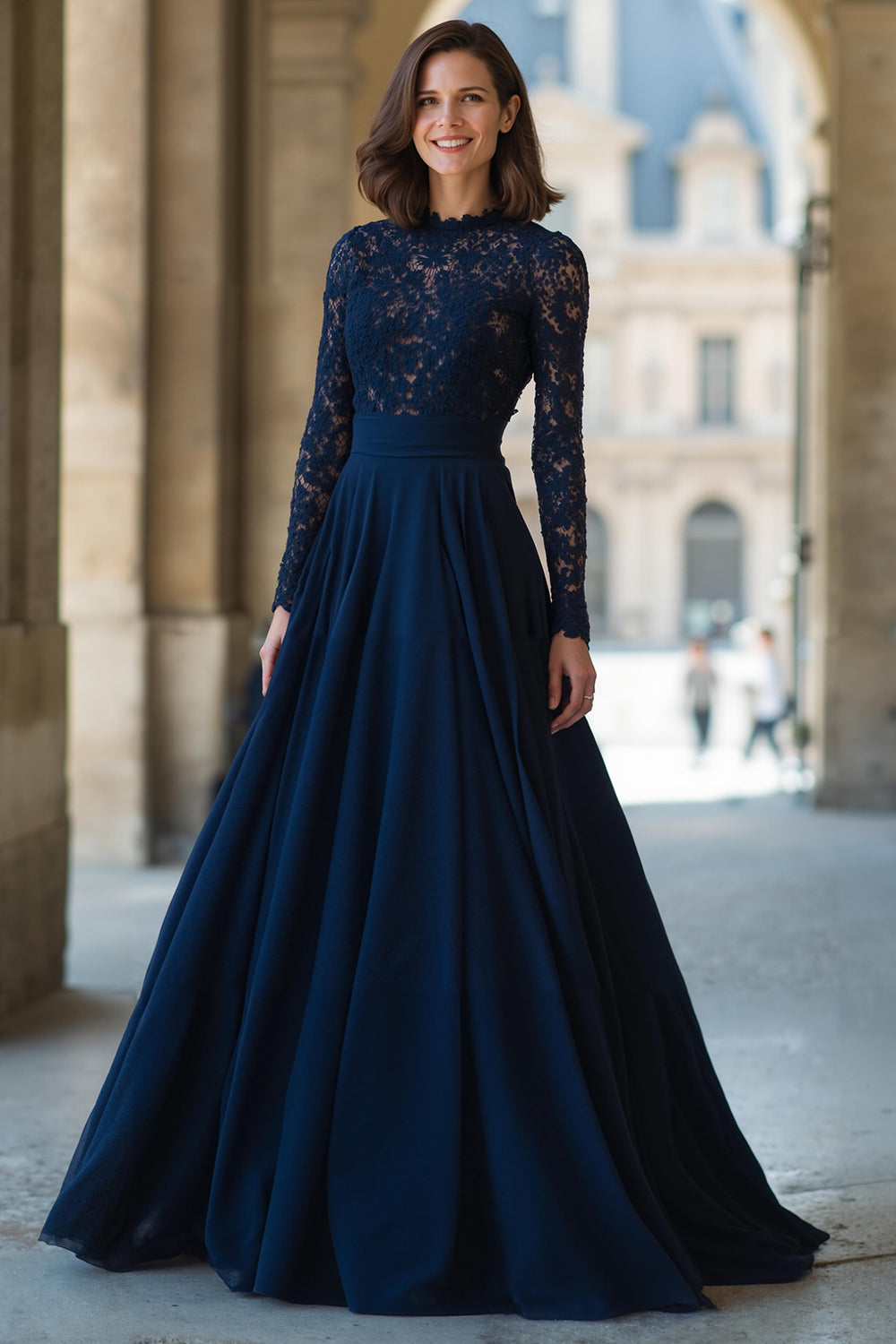 Leely Women Navy Long Sleeves Chiffon A-Line Maxi Mother of the Bride Dress with Lace High Neck Long Sleeves Wedding Guest Dress