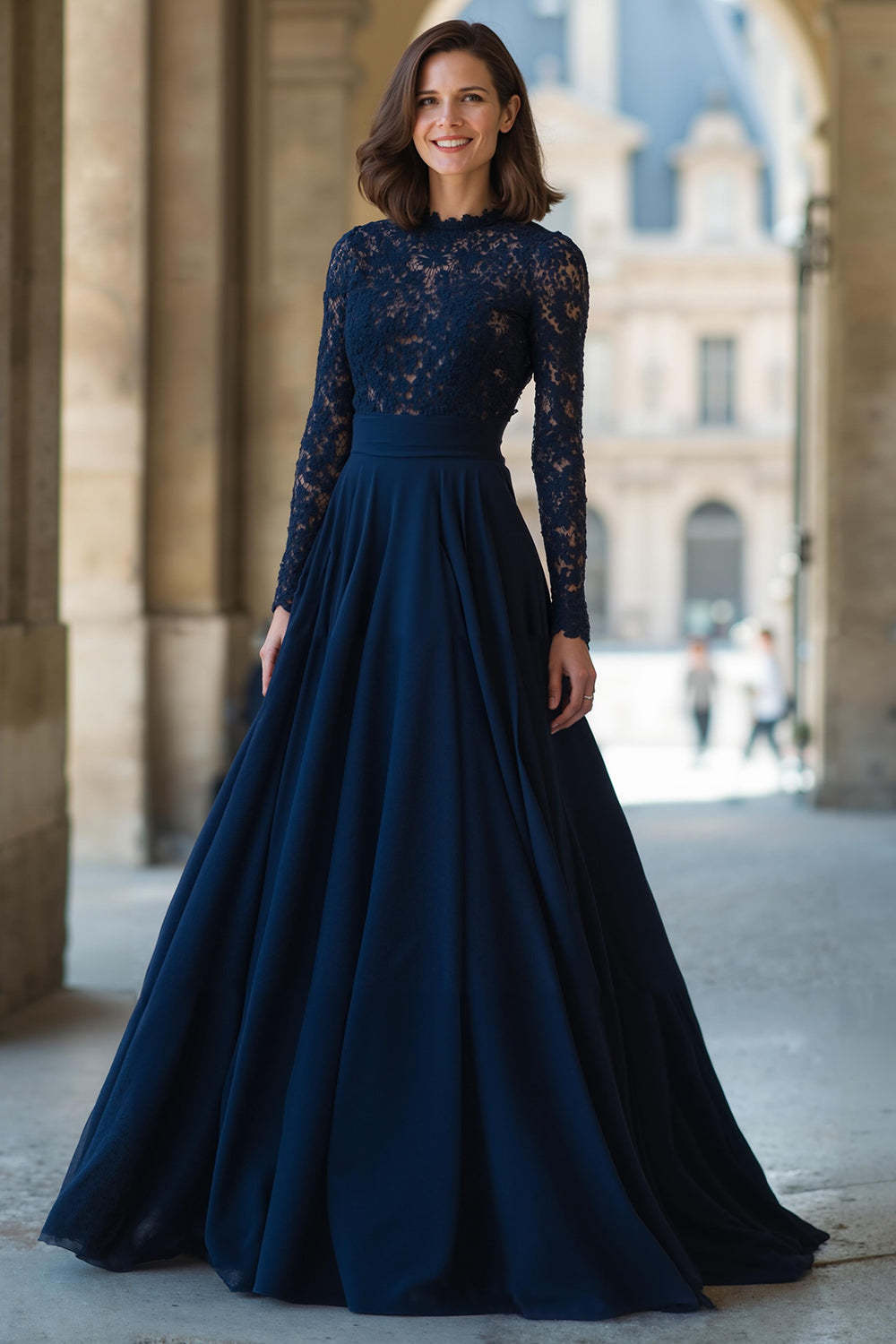 Leely Women Navy Long Sleeves Chiffon A-Line Maxi Mother of the Bride Dress with Lace High Neck Long Sleeves Wedding Guest Dress
