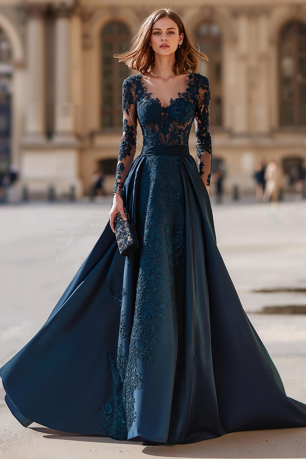 スーツ ELLE MARIAGE TIMEO Leely Women Navy Satin Long Sleeves A-Line Maxi Mother of the
