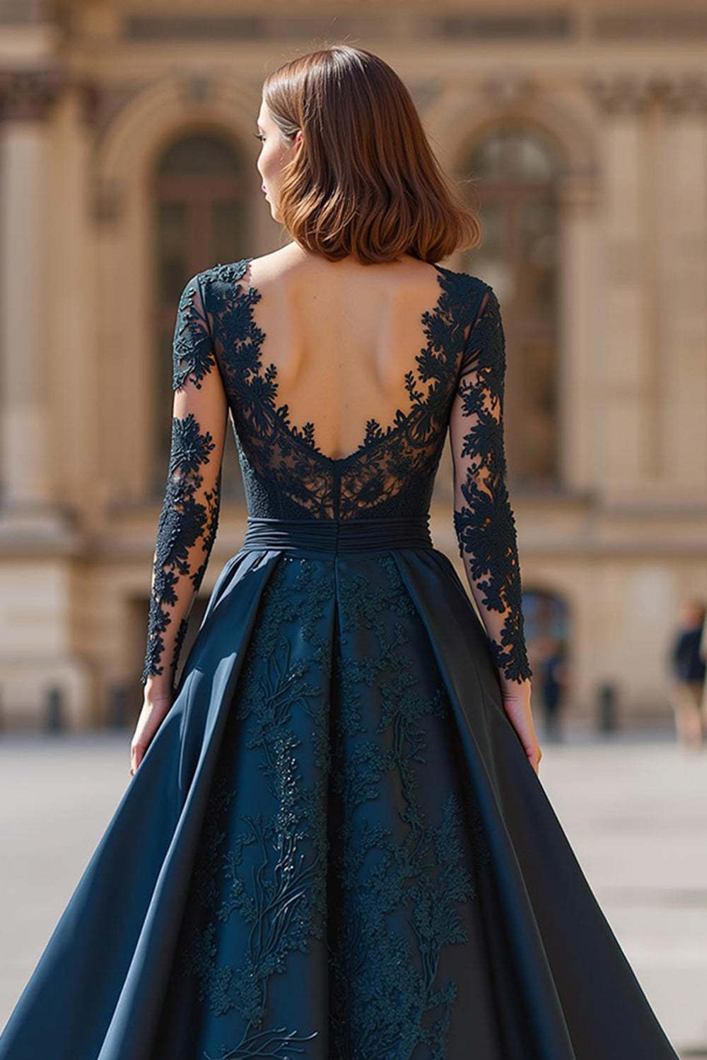 Navy V-Neck Long Sleeves A-Line Maxi Mother of the Bride Dress with Lace