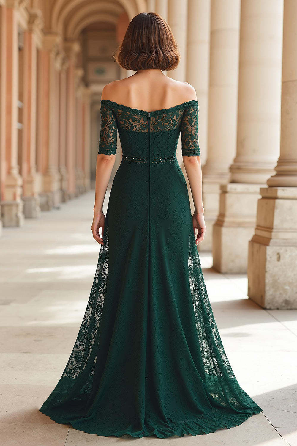 Dark Green Lace Off the Shoulder A-Line Long Mother of the Bride Dress with Sleeves