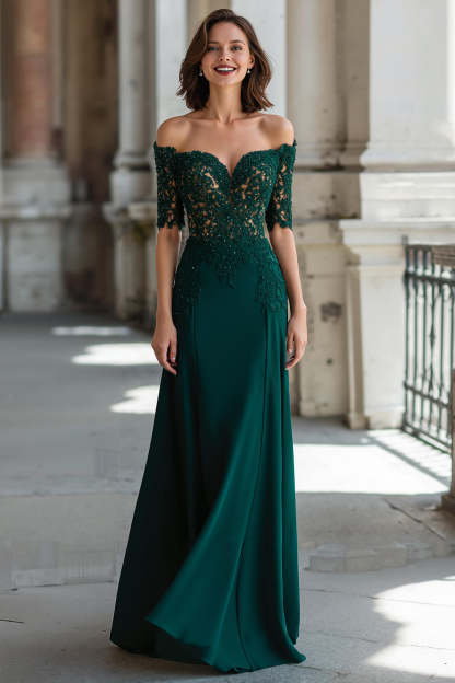 Leely Women Dark Green Sheath Chiffon Long Mother of the Bride Dress with Lace Off the Shoulder Short Sleeves Wedding Guest Dress