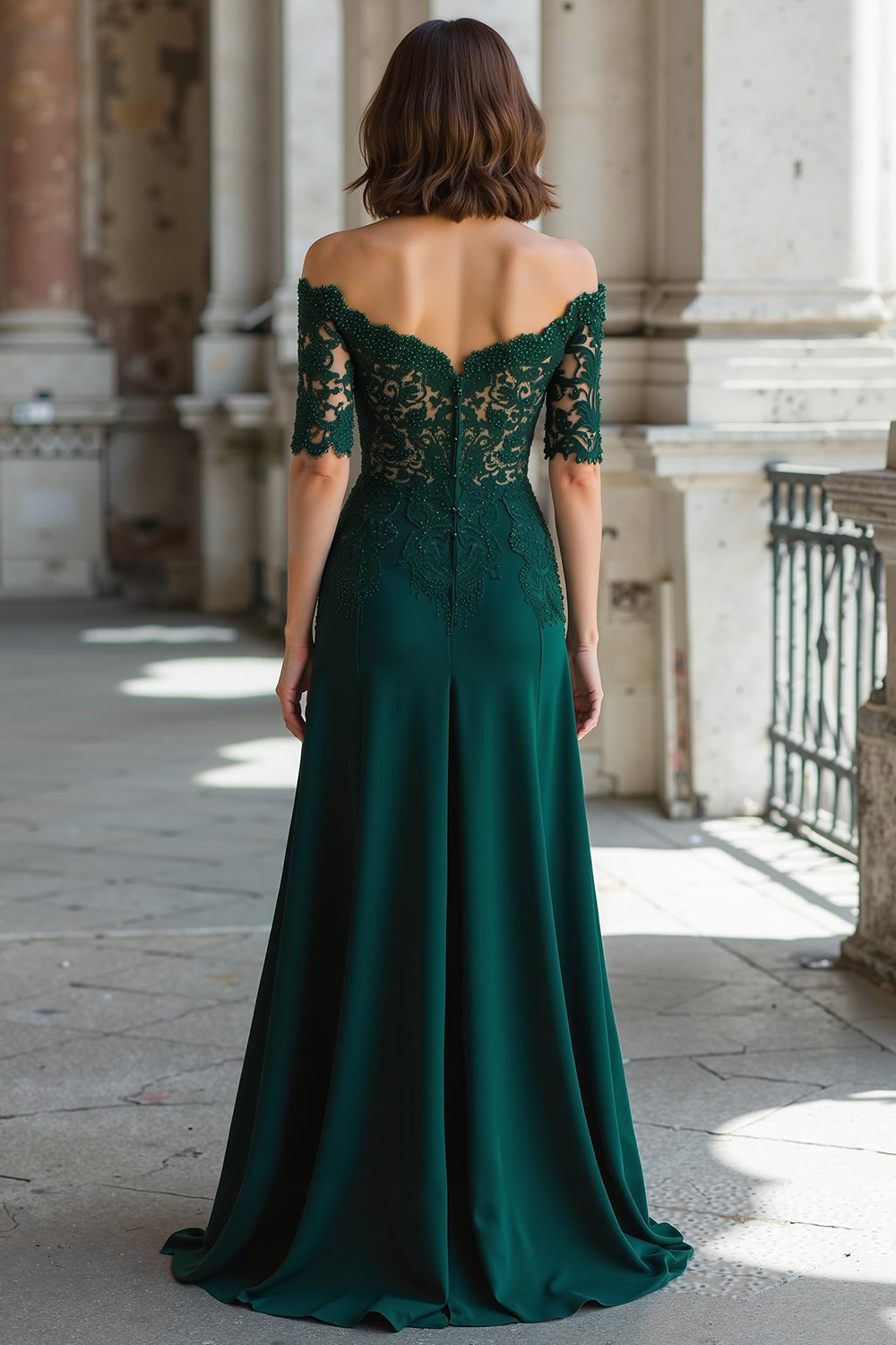 Dark Green Off the Shoulder Sheath Chiffon Long Mother of the Bride Dress with Lace