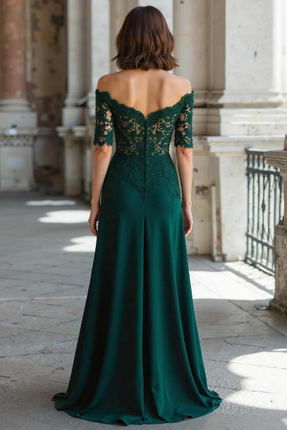 Dark Green Off the Shoulder Sheath Chiffon Long Mother of the Bride Dress with Lace