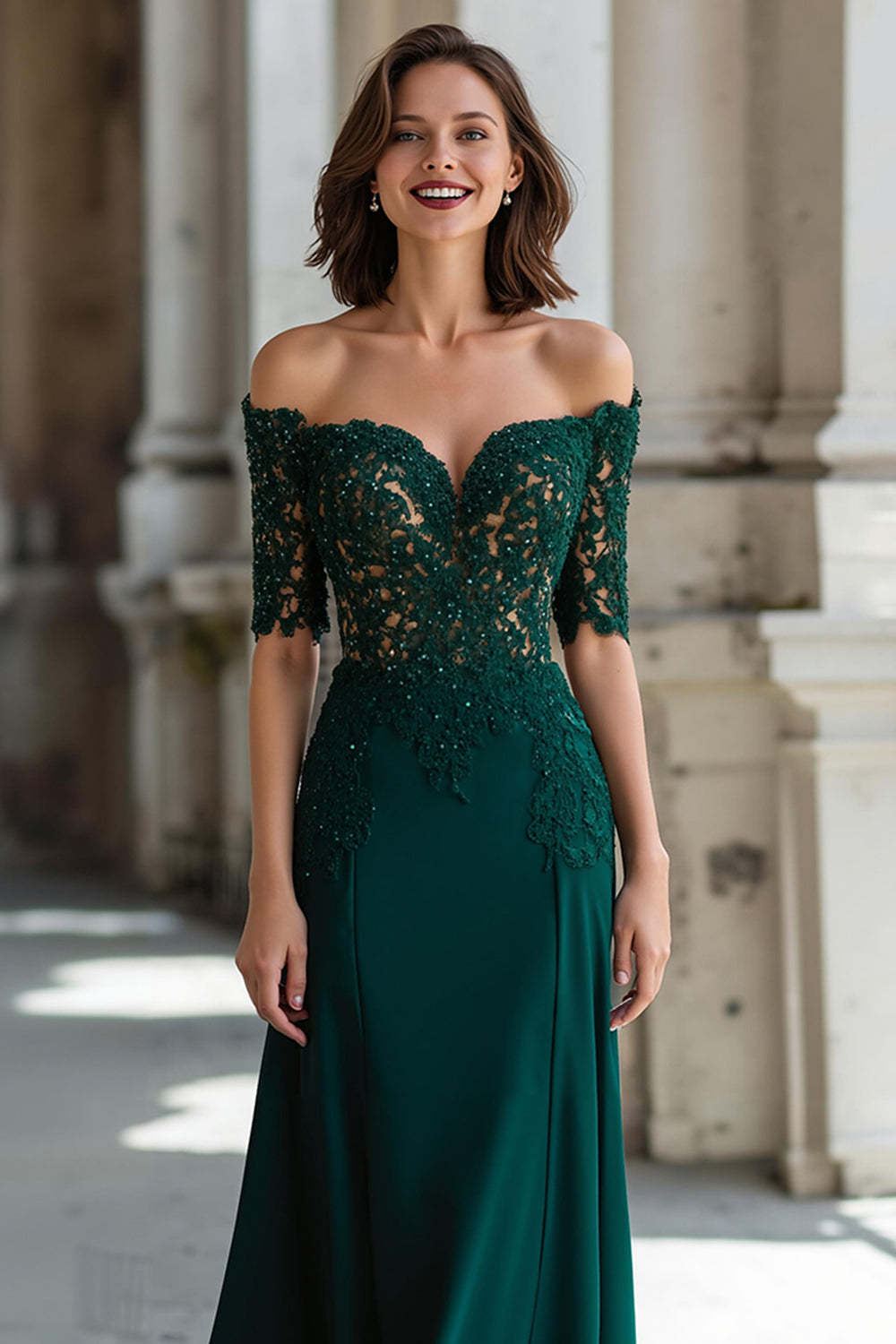 Dark Green Off the Shoulder Sheath Chiffon Long Mother of the Bride Dress with Lace